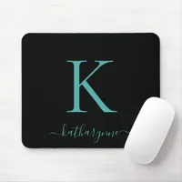 Modern Elegant Teal Aqua Monogram Script Black Mouse Pad