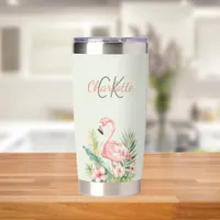 Pink flamingo tropical monogram sage green insulated tumbler