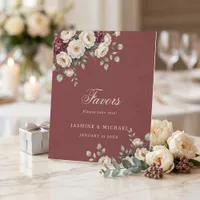Burgundy Watercolor Peony Winter Wedding Favors Pedestal Sign