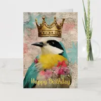 Bird in a Crown Collage Birthday Gold Foil Greeting Card