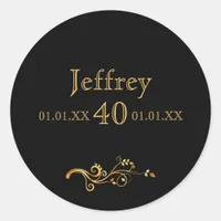 40th birthday elegant black and gold classic round sticker