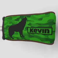 Modern Green Camo Black Wolf Silhouette Monogram | Golf Head Cover