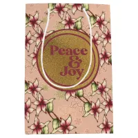 Peace & Joy, Pink Burgundy Gold Christmas Medium Gift Bag