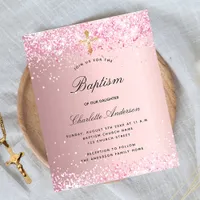 Baptism blush pink glitter girl budget invitation flyer