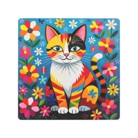 Boho Folk Art Cat, Flowers & Butterfly  