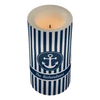 Nautical Anchor with Rope on Navy Blue Stripes Flameless Candle