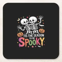 Tis The Season To Be Spooky Dancing Skeleton Hallo Square Paper Coaster