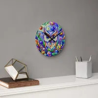 Whimsical Owl With Sapphire Eyes Round Clock
