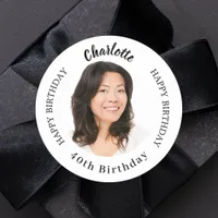 Black white custom photo woman birthday classic round sticker