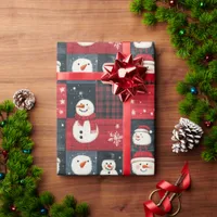 Snowman Tartan Plaid Red & Black Christmas Wrapping Paper