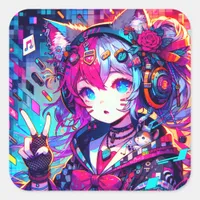 Glitchcore Colorful Anime Artwork Square Sticker