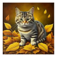 AI Gray Tabby Cat Playing in Autumn Leaves Acrylic Print