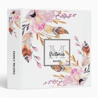 Recipe cookbook florals feather white pink name 3 ring binder
