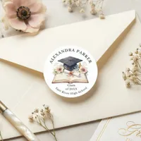 Elegant Floral Graduation Cap Open Book Diploma Classic Round Sticker