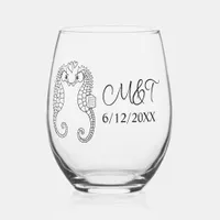 Two Seahorses and Bride and Groom's Initials  Stemless Wine Glass