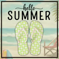 Cute Floral Daisy Pattern Green and White Summer  Flip Flops