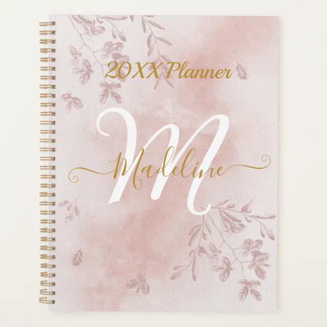 Watercolor Rose Gold Leaves Monogram Planner