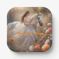 Bride & White Stallion Horse Standing in a Meadow Paper Plates