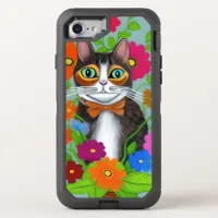 Folk Art Whimsical Cat and Flowers OtterBox Defender iPhone SE/8/7 Case