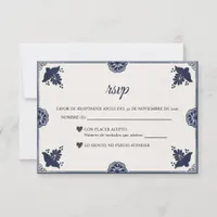 Blue Floral Otomi Simple Fiesta Spanish Wedding RSVP Card