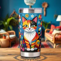 Boho Folk Art Cat, Flowers & Butterfly   Insulated Tumbler
