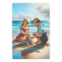 Children Building a Sandcastle on the Beach  Metal Print