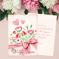 Elegant Pink Floral Bouquet with Hearts and Ribbon Card