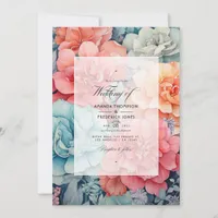 Coral, Teal and Light Grey Floral Wedding Invitation