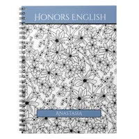 Floral Black White Blue Name School Subject Notebook