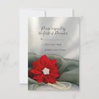 Red Poinsettia Pearls on Green Winter Wedding RSVP