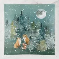 Fox Family in Forest Full Moon Snowfall Trinket Tray