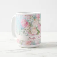 Floral Pink & White Roses with Custom Name Coffee Mug