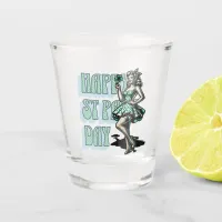 Happy St Patrick's Day Pinup Girl with Shamrock Shot Glass