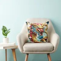 Fire breathing dragon red blue and gold scales throw pillow