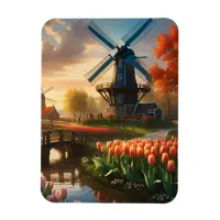 Windmill in Dutch Countryside by River with Tulips Magnet