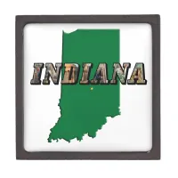 Indiana State Map Green Outline & Photo Text Jewelry Box