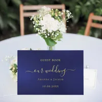 Navy blue gold script wedding  foil guest book 