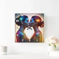 Twin Models Kissing With Colorful Sparkles Square Wall Clock