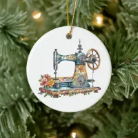 Pretty Floral Vintage Sewing Machine Christmas Ceramic Ornament