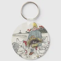 Vintage Girl With Chickens, E is an Egg Keychain