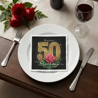 Elegant Black Gold Red Rose 50th Birthday Party Napkins