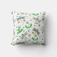 Whimsical Dragonflies and Dandelions Hand Drawn Throw Pillow