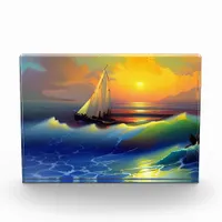 Ocean Waves, Sailboat and Sunset Reflection Photo Block