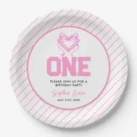 Cute Pink Bow Coquette 1st Birthday Paper Plates