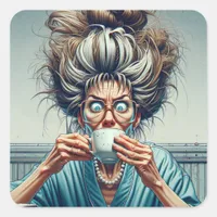 Hilarious Lady with Messy Bun and Coffee Square Sticker