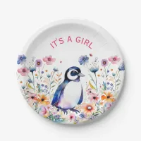 Baby Penguin in Flowers It's a Girl | Baby Shower Paper Plates