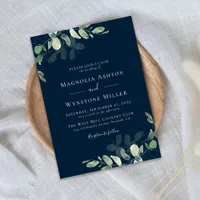 Chic Navy Blue Eucalyptus Wedding Invitation