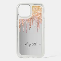 Silver gold glitter drips monogram iPhone 15 case