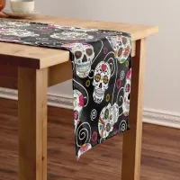 Sugar Skulls and Swirls Rose Black ID725 Short Table Runner