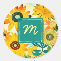 Pretty Folk Art Flowers Monogrammed Classic Round Sticker